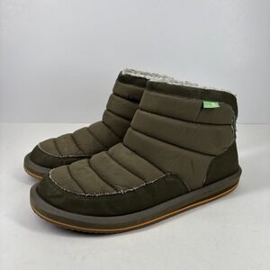 Sanuk Puff N Chill Women's 9 Olive Green Faux Sherpa Quilted Ankle Boots Comfort